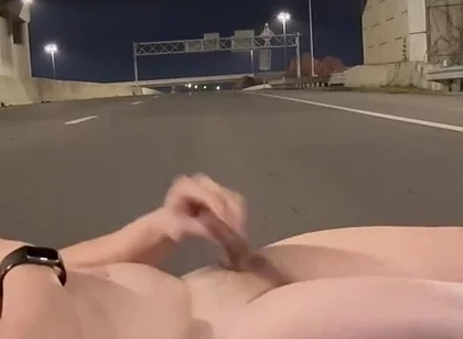Naked Muscled Asian Walks to the Middle of an Empty Road at Night, Flexes Hard & Shoots a Massive Load