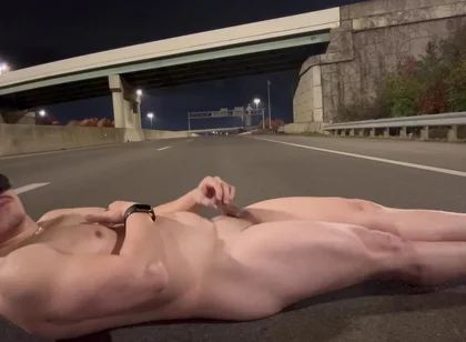 Naked Muscled Asian Walks to the Middle of an Empty Road at Night, Flexes Hard & Shoots a Massive Load