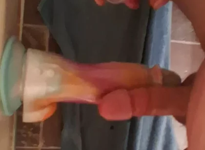Rubbing Cocks with Huge Vibrating Dildo