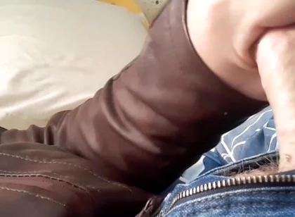 Jerk and Cum on New Brown Leather Jacket