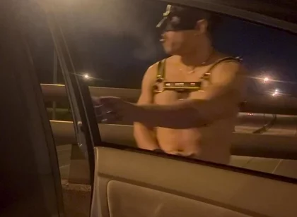 Almost Caught: Leather Muscle God’s Risky Bridge Flex & Stroke