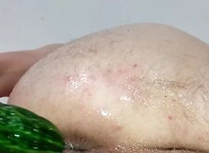 Close Up Cucumber Insertion With Massage Oil And Precum As Lube
