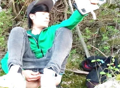 Risky Masturbation Outdoors a Man's Voice Caught This Cute Gay Twink with His Balls Hanging Out, Jerking off His Uncut Foreskin