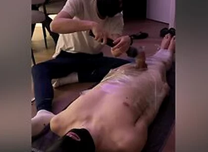 Submissive Cute Boy Wrapped, Milked First Time