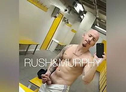He Masturbates His Huge Cock In The Gym Showers While Muscular Straight Man Spies On Him