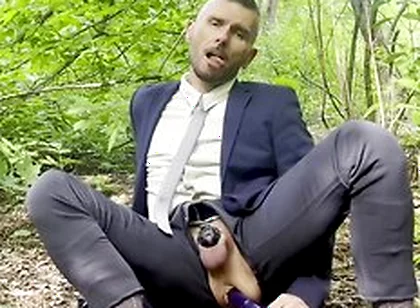 Suited Gentleman Is Spreading Legs Like Slut And Plays With His Malepussy With Locked Dick With Power Bottom