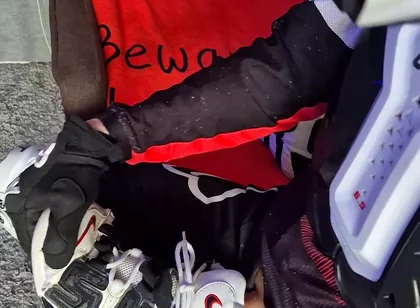 An Excited Guy in Motorcycle Gear Fucks His Sneakers