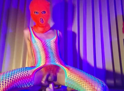 Orange Balaclava Mask Sissy Trans Dyed Pubic Hair Fuck Myself with Dildo