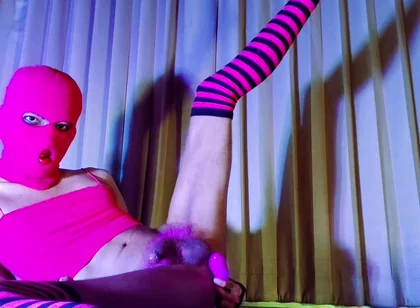 Pink Balaclava Mask Sissy Dyed Pubic Hair Play with a Vibrator