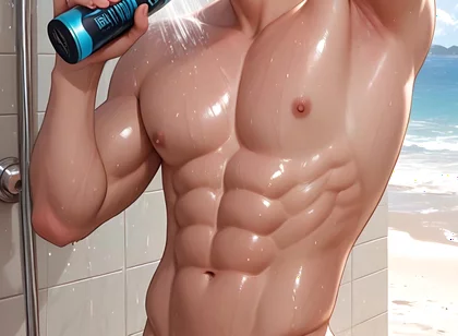 Soft Kawaii Boy in Beach Shower with Pastel Pink Hair