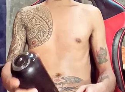 Pinoy Horny Inked Twink Playing with His Masturbator Toy
