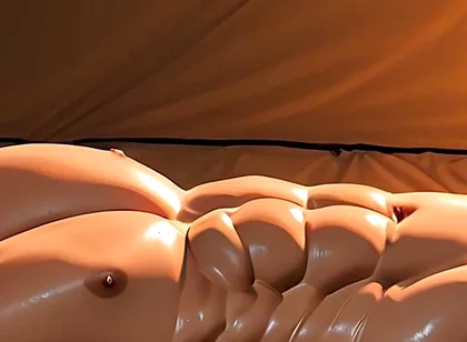 Roided Asian Hunk Lying in Luxury Tent Under Stars at Sunrise