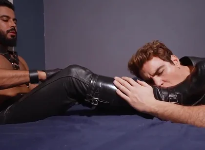 Leather master boots and feet licking cum load