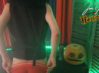 Twink Devil Jon Arteen Does Halloween Striptease, Crossdresses, Shows His Smooth Ass, Strokes His Glans, Jerks off Cock