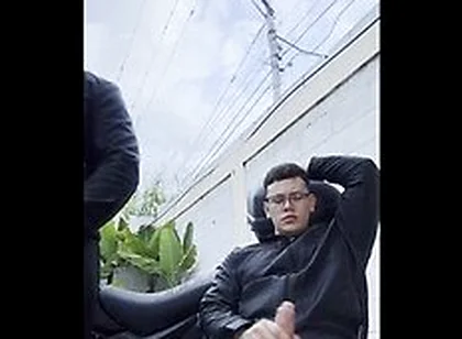 Role Play On The Bike Wearing Hot Leather, In A Hot Outddoors, And Cumming A Huge Load