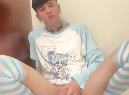 Blue Femboy Having Fun with New Toy