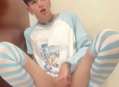 Blue Femboy Having Fun with New Toy