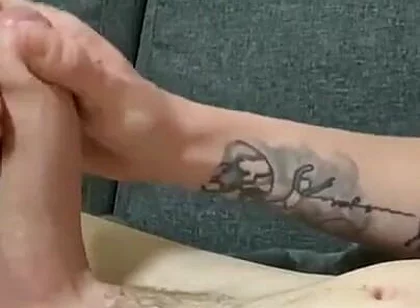 Naked Twink Lays on Sofa Stroking Huge Uncut Cock Until Cumming on Ripped Abs - Amateur Solo