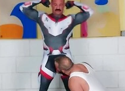 Muscle Daddy - Muscle Man Tries On Spandex Cosplay Suit With The Help Of His Muscle Stepdaddy
