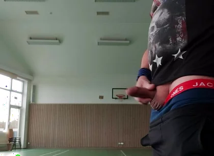In a Public Sports Hall, I Masturbate My Thick, Veiny Foreskin Cock Until I Cum on the Floor.