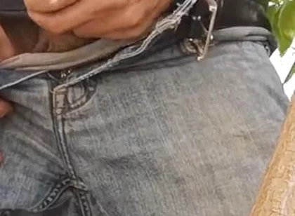 Hiding Outside Behind a Tree to Jerkoff with Huge Cumshot