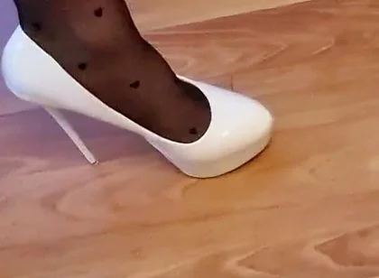 Sexy Trio of High Heels, I Secretly Walk in Their Pantyhose and Play with the Heels