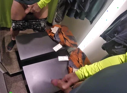 In Front of Several Mirrors, I Pleasurably Masturbate My Thick Foreskin Cock in the Changing Room of a Clothing Store